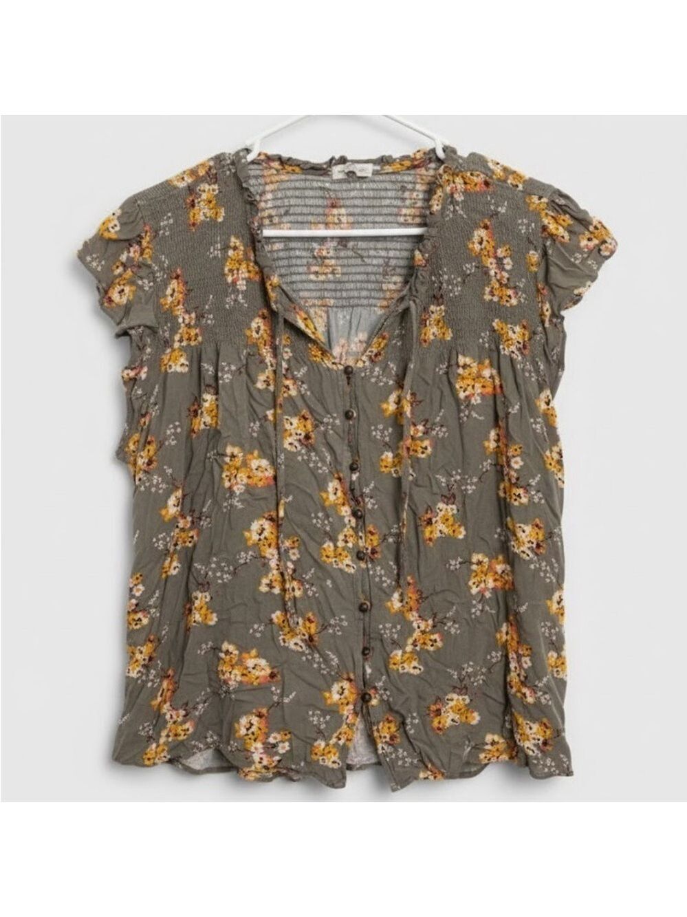 Mason & Belle Floral Smocked Button Front Top 2X Olive Green Boho Peasant - Picture 2 of 5